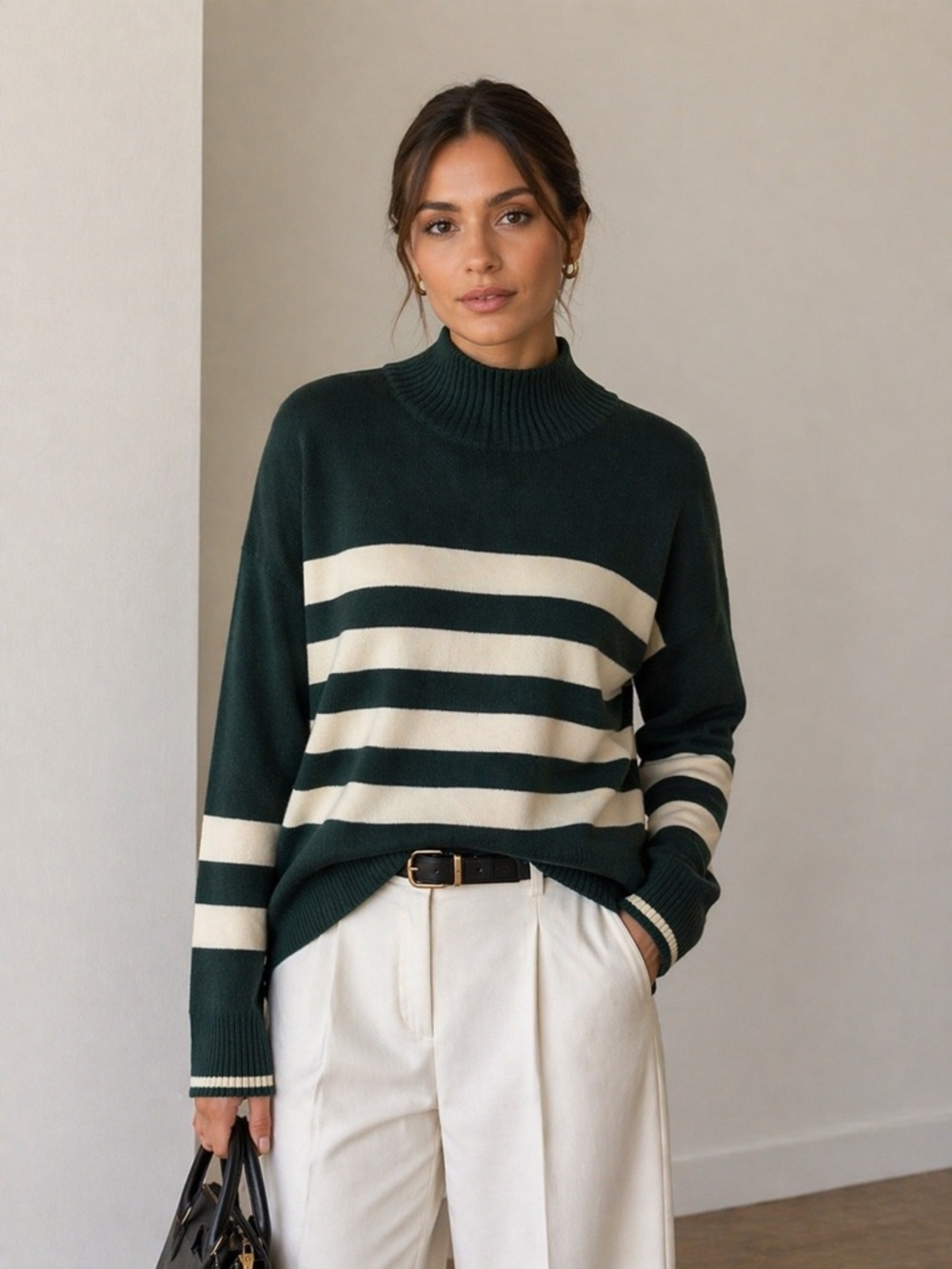Stitch Fix Tia Dark Green Stripe Mockneck Sweater Preppy Office Classic Polished